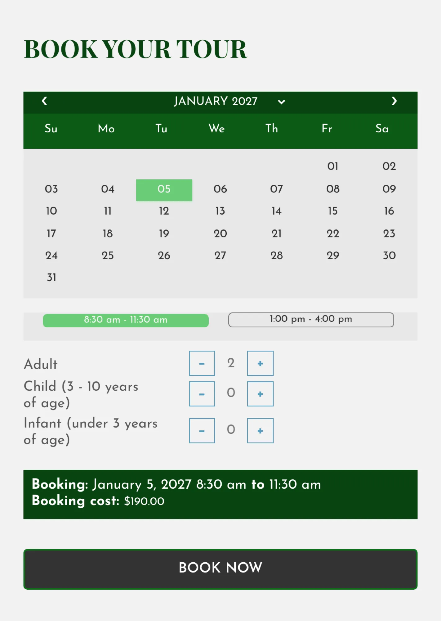 The Bahia Aventuras booking calendar with January 5, 2027 selected, the 8:30 am departure chosen and 2 adults, showing a booking cost of $190