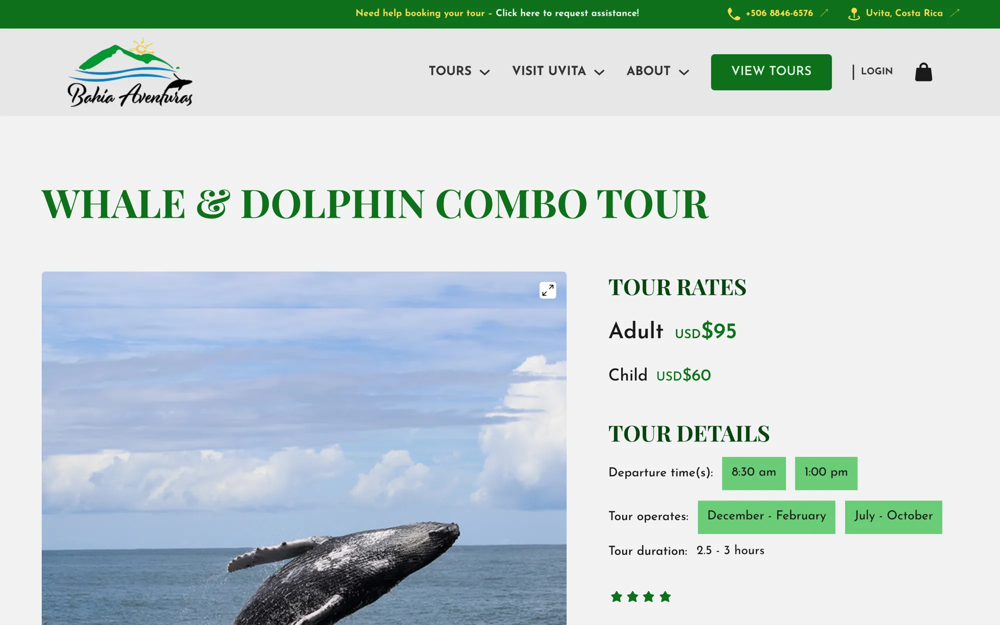 The Whale & Dolphin Combo Tour page on bahiaaventuras.com, with a breaching humpback whale photo beside the tour rates, departure times and seasons