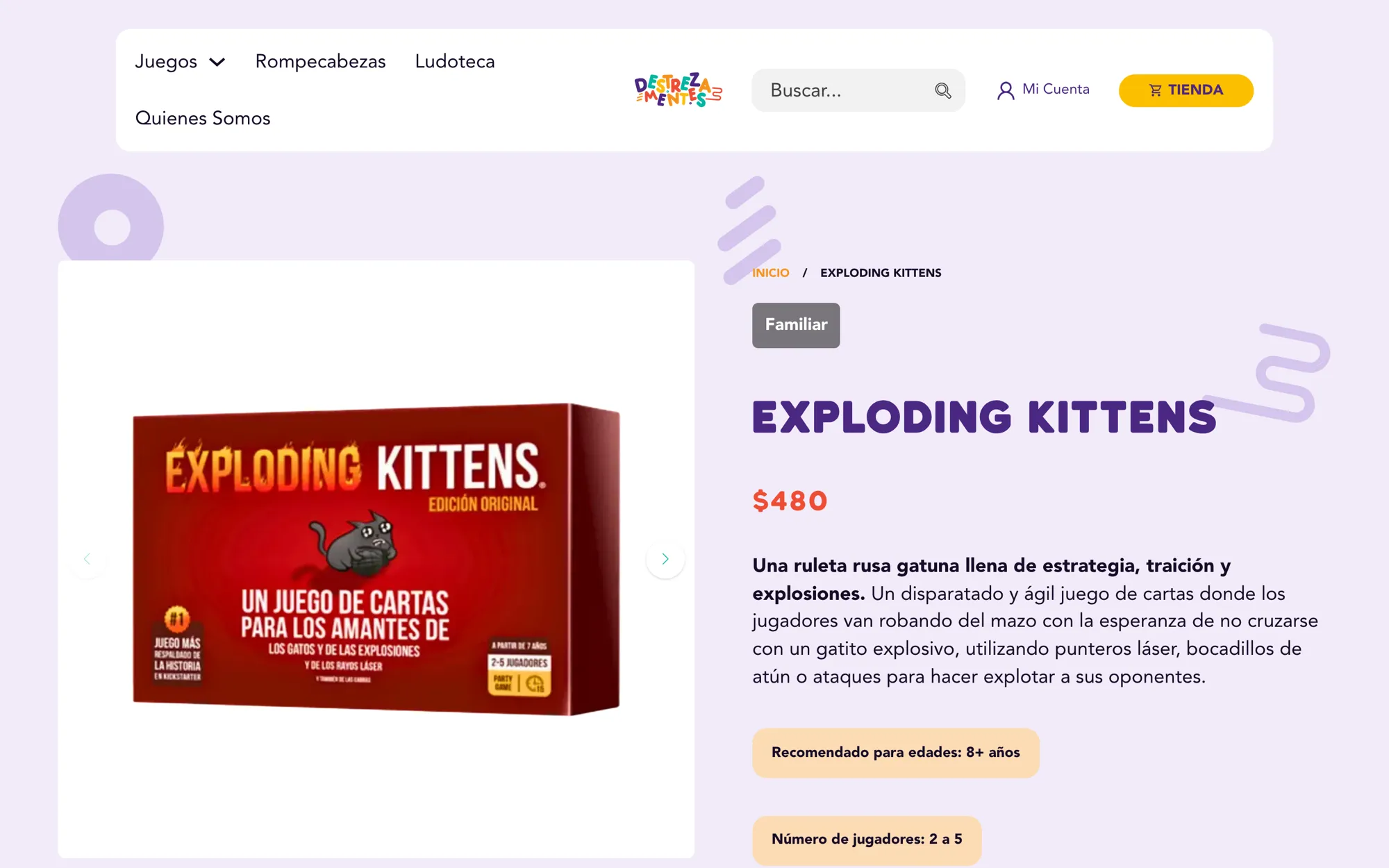 The Exploding Kittens product page on destrezamentes.com, in Spanish, with the price, recommended age and number of players