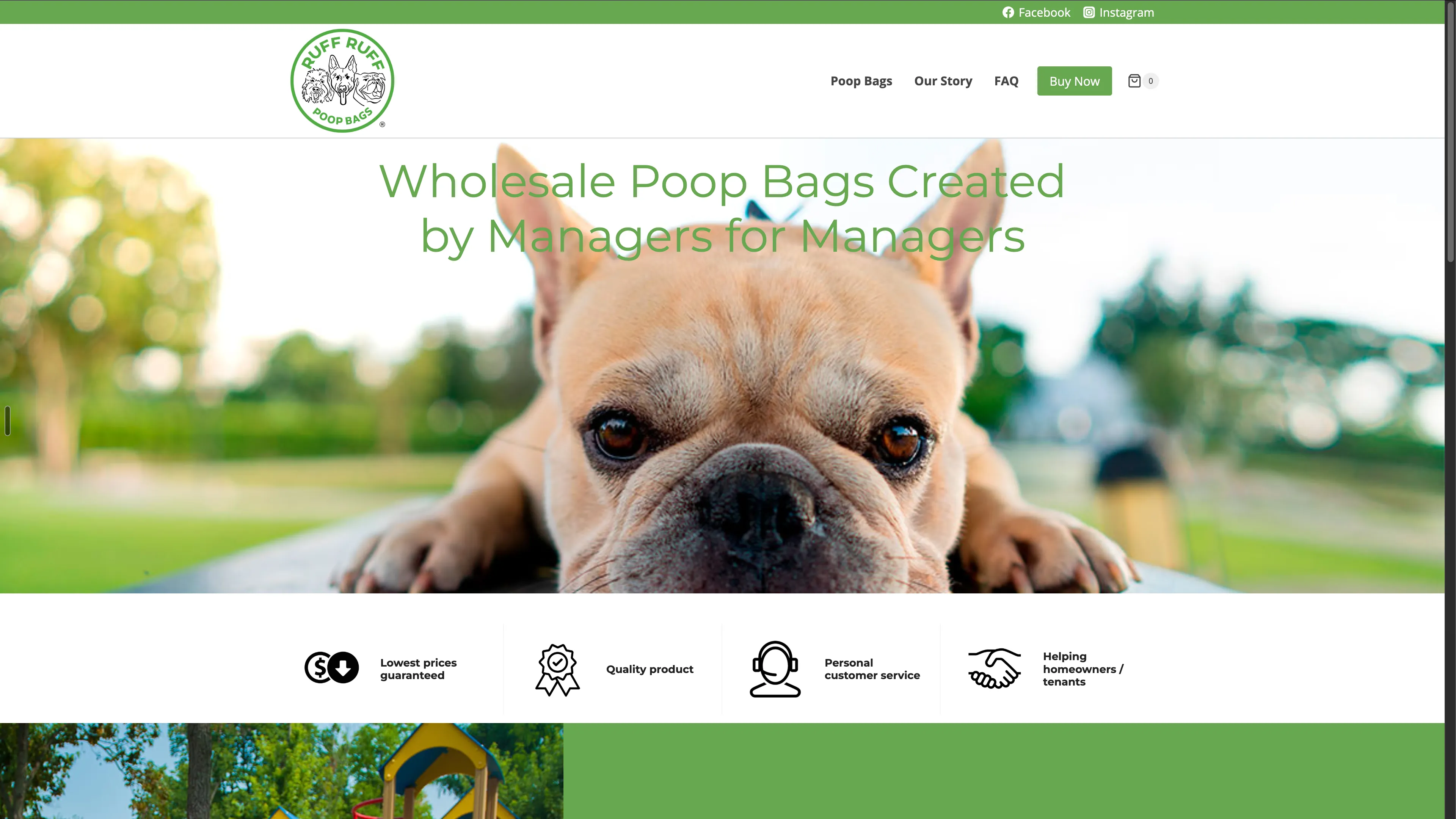 The 2020 Ruff Ruff Poop Bags homepage: a green header with the logo, and the headline “Wholesale Poop Bags Created by Managers for Managers” over a close-up of a French bulldog