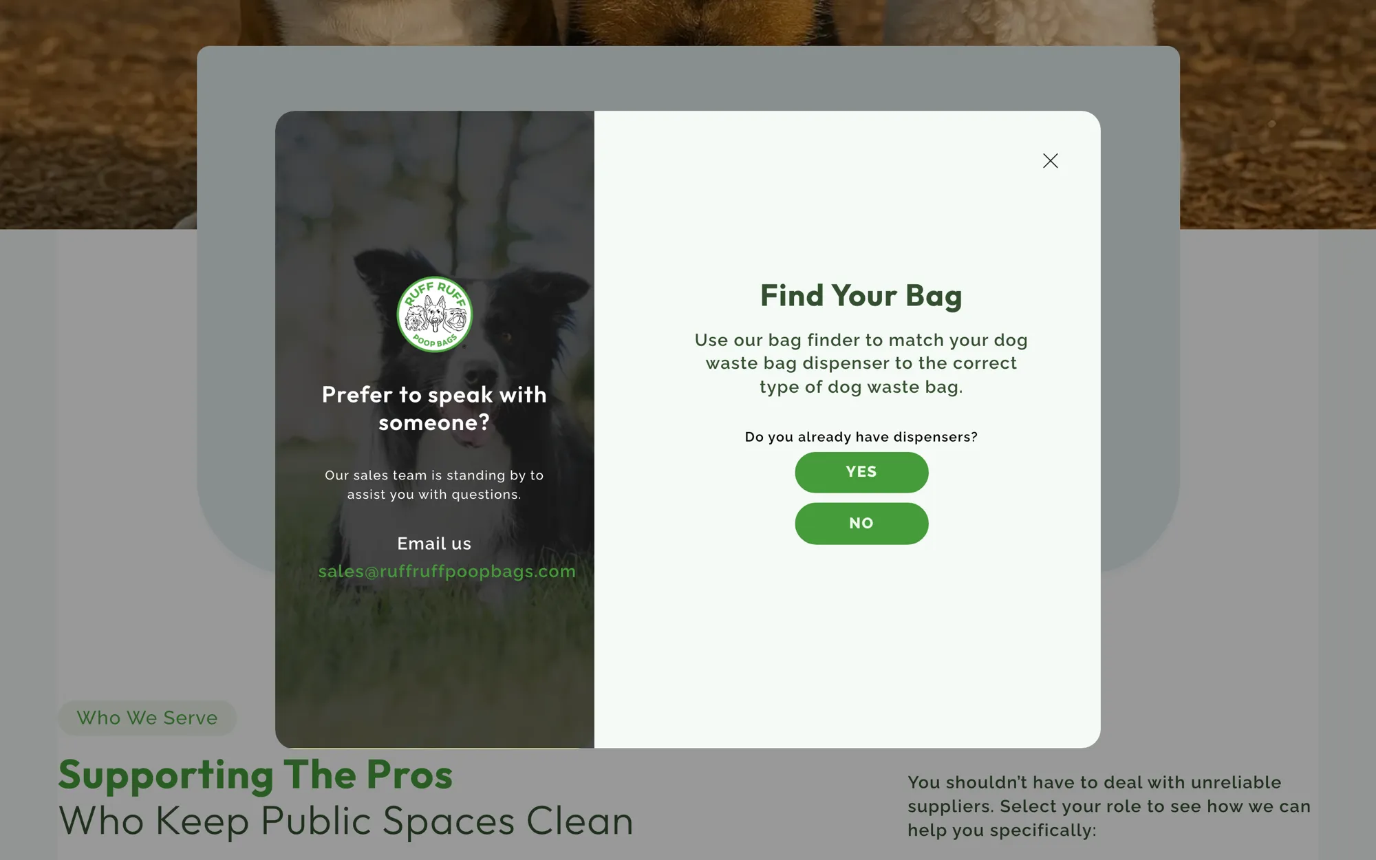 The Ruff Ruff bag finder open on the 2025 site, asking “Do you already have dispensers?” with Yes and No buttons, beside a sales contact panel