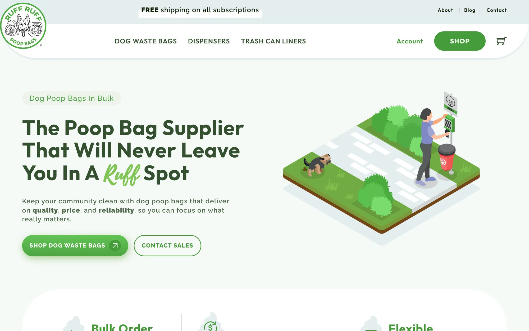 The 2025 Ruff Ruff Poop Bags homepage: “The Poop Bag Supplier That Will Never Leave You In A Ruff Spot” beside an illustration of a dog waste station